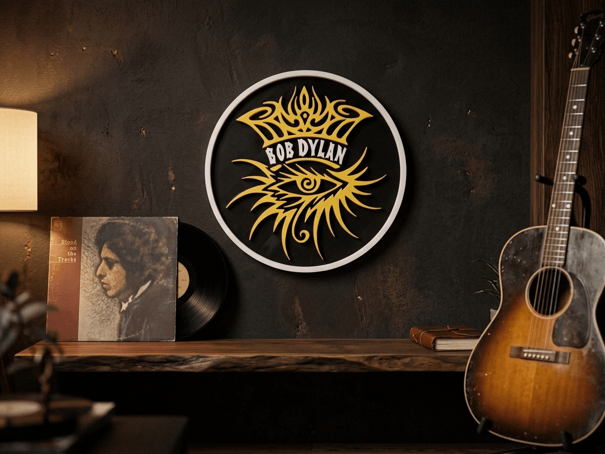 Placa Silhueta Folk montada na parede ao lado de disco de vinil e violão