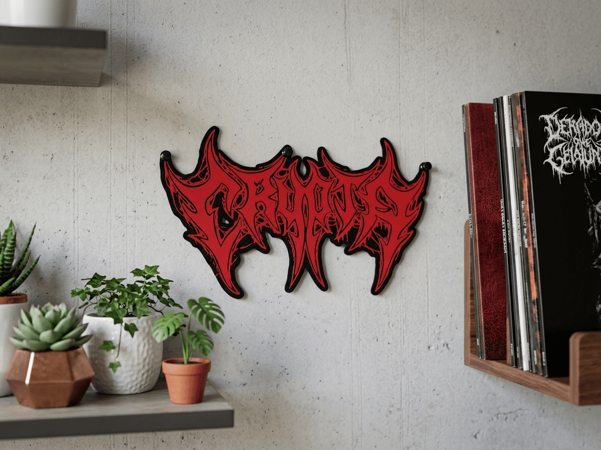 Logo Death Metal na parede com vinil e plantas