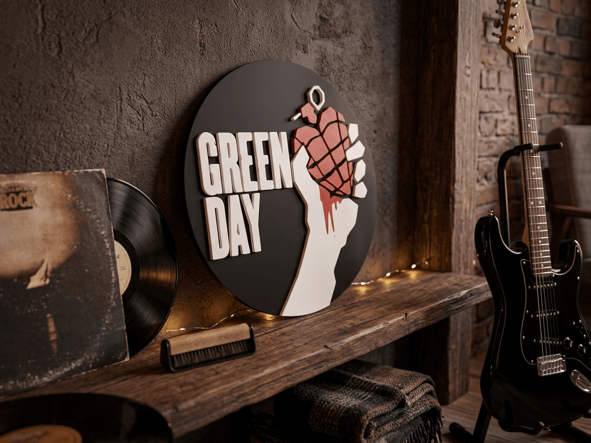 Placa Coração Granada montada na parede ao lado de guitarra e disco de vinil