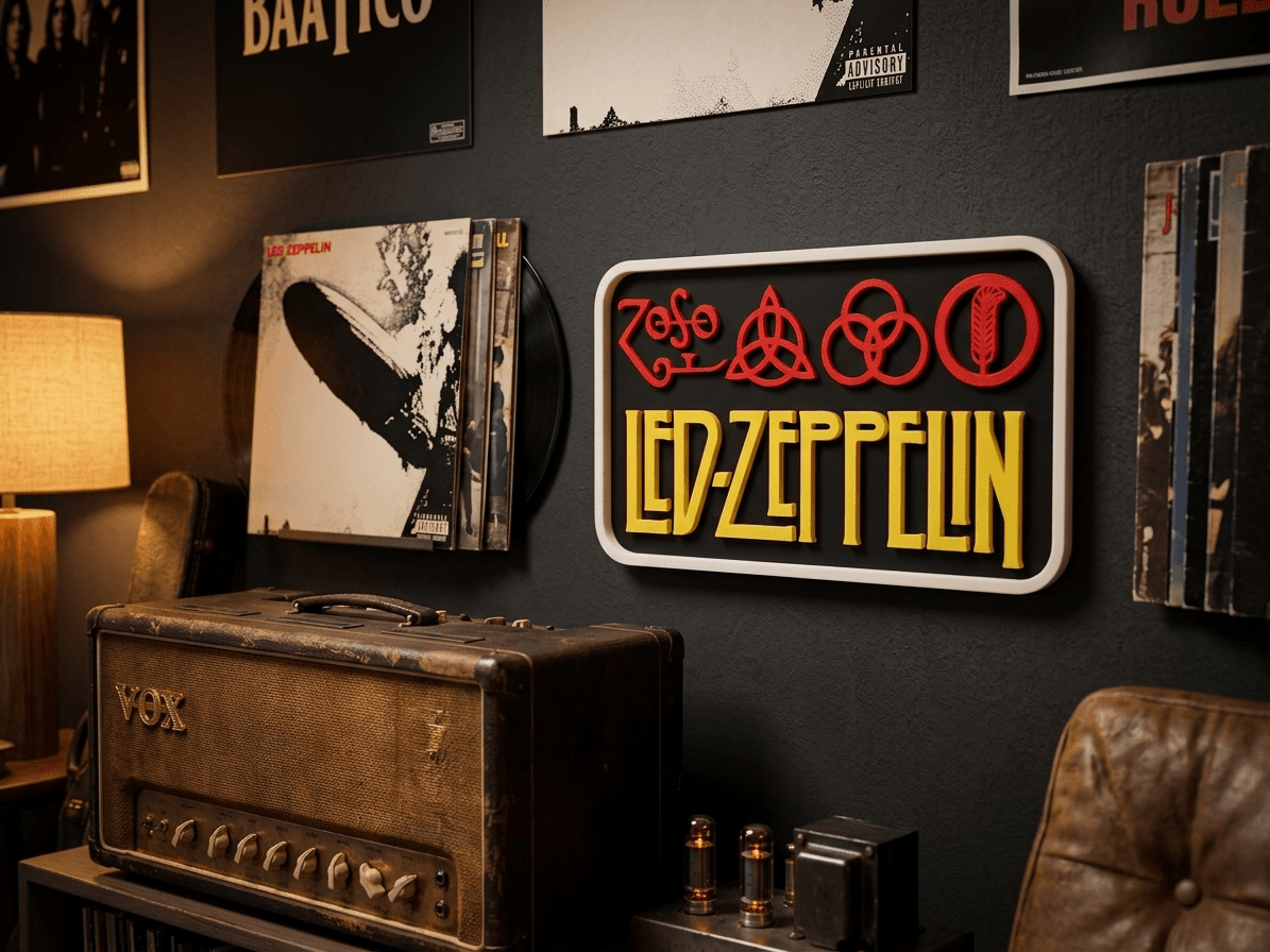 Placa Quatro Símbolos na parede com discos de vinil