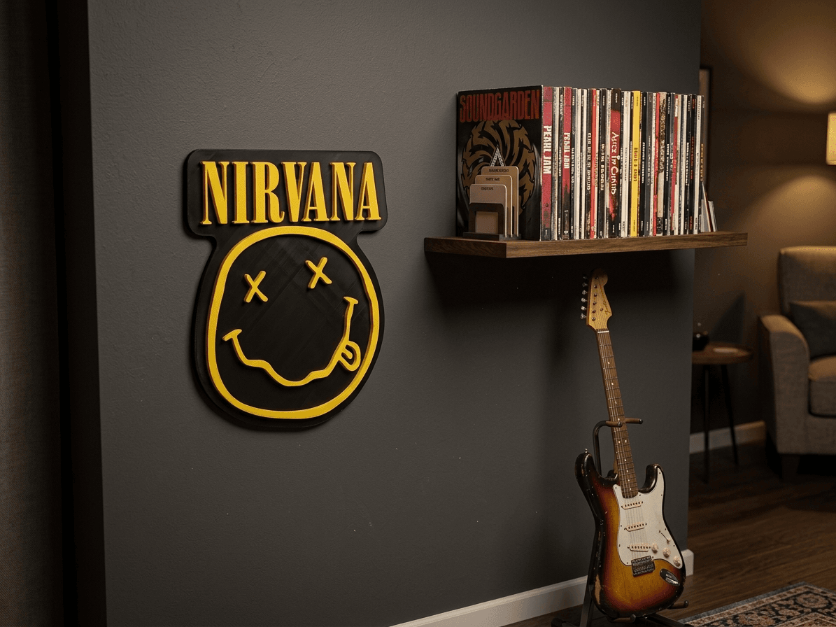 Placa Grunge na parede com discos de vinil e guitarra