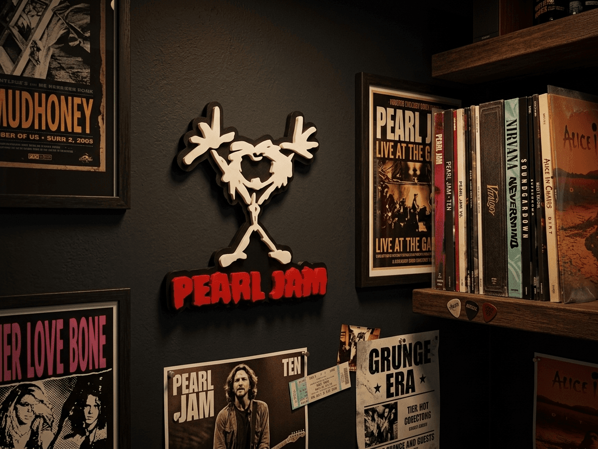 Placa Estética Seattle na parede com discos de vinil