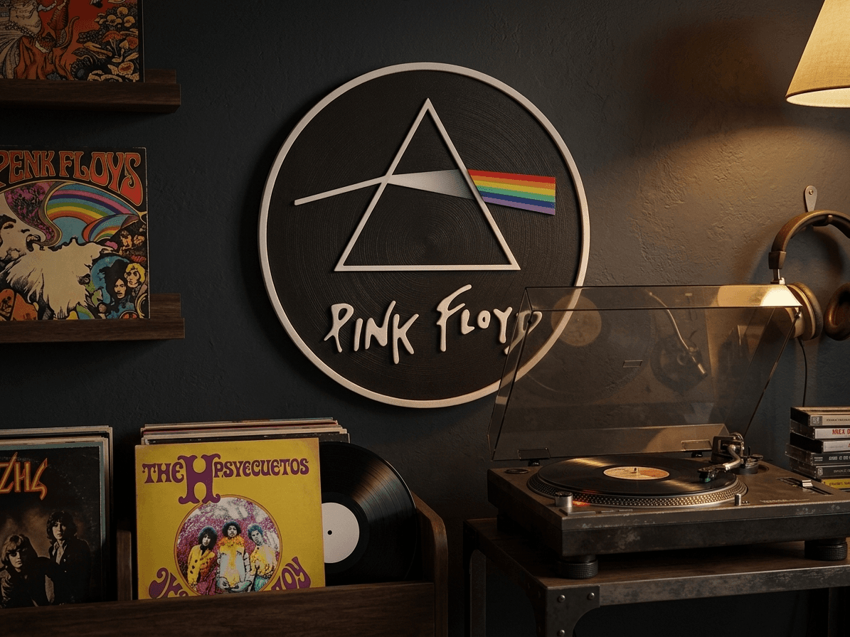 Placa Prisma Triangular na parede com discos de vinil