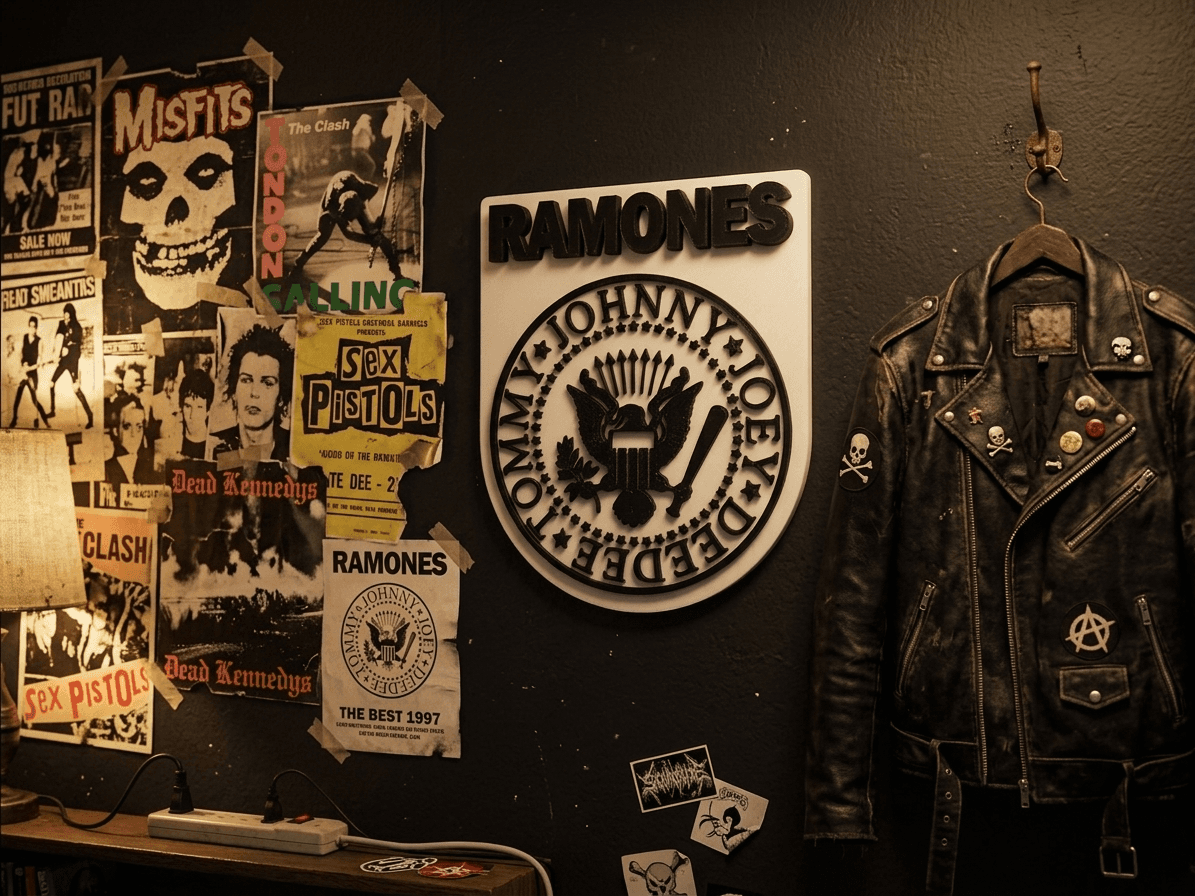 Placa Brasão Punk na parede com posters punk