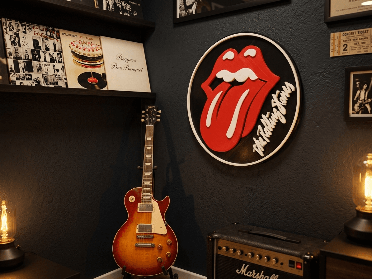 Placa Língua Ícone na parede com discos de vinil