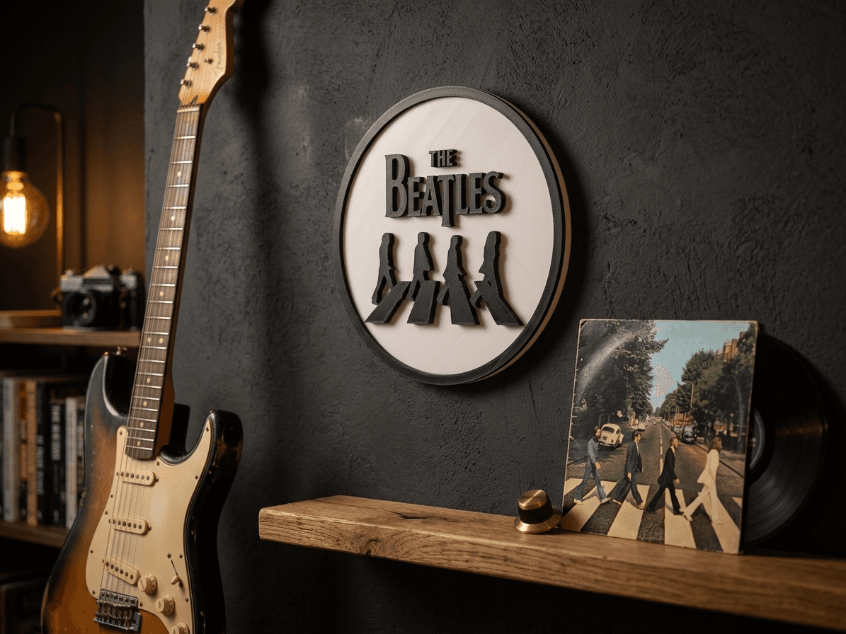 Placa Faixa de Pedestres montada na parede ao lado de disco de vinil e guitarra